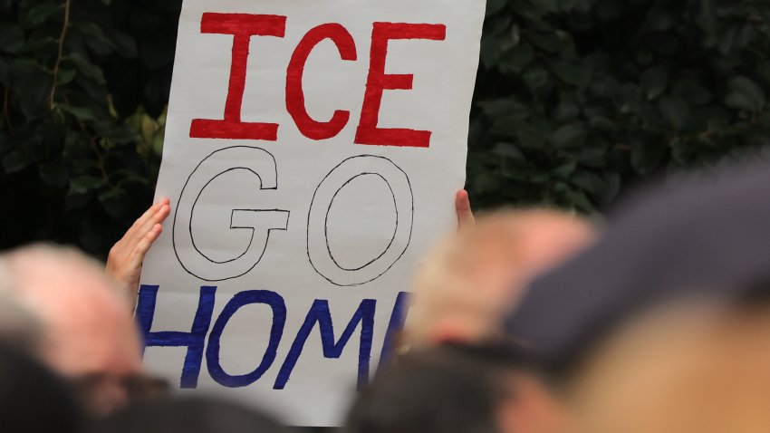 Boston, MA – August 19: An anti-ICE sign is held up during a press conference detailing Boston’s response to US Attorney General Pam Bondi’s demand for the city to cooperate with mass deportations on August 19, 2025. (Photo by Lane Turner/The Boston Globe via Getty Images)
