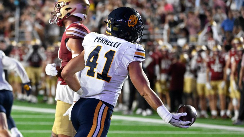 Sep 27, 2025; Chestnut Hill, Massachusetts, USA; California Golden Bears linebacker Luke Ferrelli (41) intercepts the ball in the final seconds of the second half against the Boston College Eagles at Alumni Stadium. Mandatory Credit: Eric Canha-Imagn Images