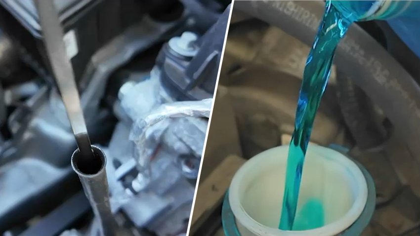 A dipstick being pulled from and fluid being added to car engines.