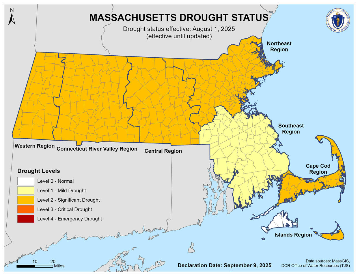 Massachusetts' drought status as of Sept. 9, 2025, with most of the state in significant drought.