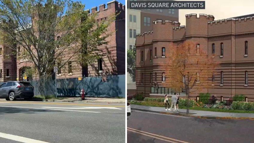 The West Newton Armory, seen at left, is set to be transformed into affordable housing — seen in a rendering at right.