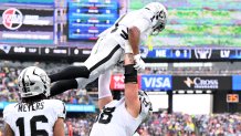 Sep 7, 2025; Foxborough, Massachusetts, USA; Las Vegas Raiders wide receiver Tre Tucker (1) reacts after making a touchdown catch against the New England Patriots during the first half at Gillette Stadium. Mandatory Credit: Brian Fluharty-Imagn Images