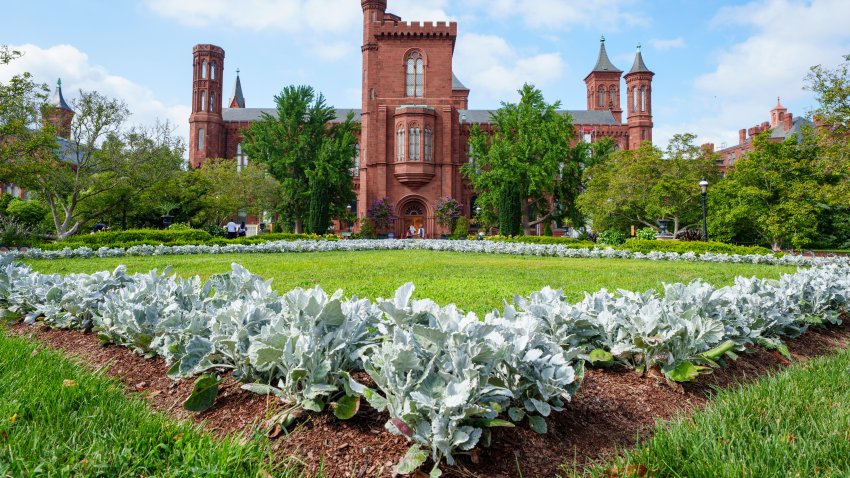 WASHINGTON, DC – AUGUST 20: The Smithsonian Institute Castle is seen behind the flower beds of the Smithsonian Gardens on August 20, 2025, in Washington, DC. The Castle is the orginal building of the Smithonian Institute. (Photo by J. David Ake/Getty Images)