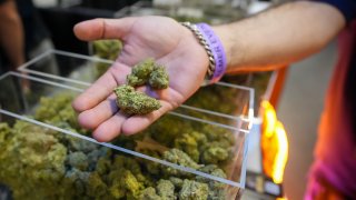 AUSTIN, TEXAS – SEPTEMBER 11: Tarek Adieh, of Tampa, Florida, looks at cannabis flower from wholesaler Dep Kings at CHAMPS Trade Show at the Palmer Events Center Thursday, Sept. 11, 2025. The three-day business-to-business trade show focuses on the counterculture, smoke shop, and cannabis-related industries. (Jay Janner/The Austin American-Statesman via Getty Images)
