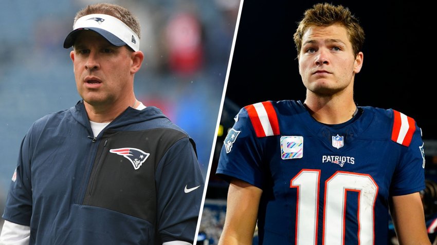 Patriots offensive coordinator Josh McDaniels and quarterback Drake Maye
