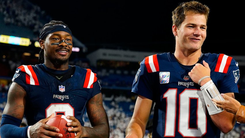 Patriots wide receiver Stefon Diggs and quarterback Drake Maye