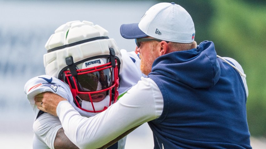 Patriots wide receiver DeMario Douglas, wide receivers coach Todd Downing