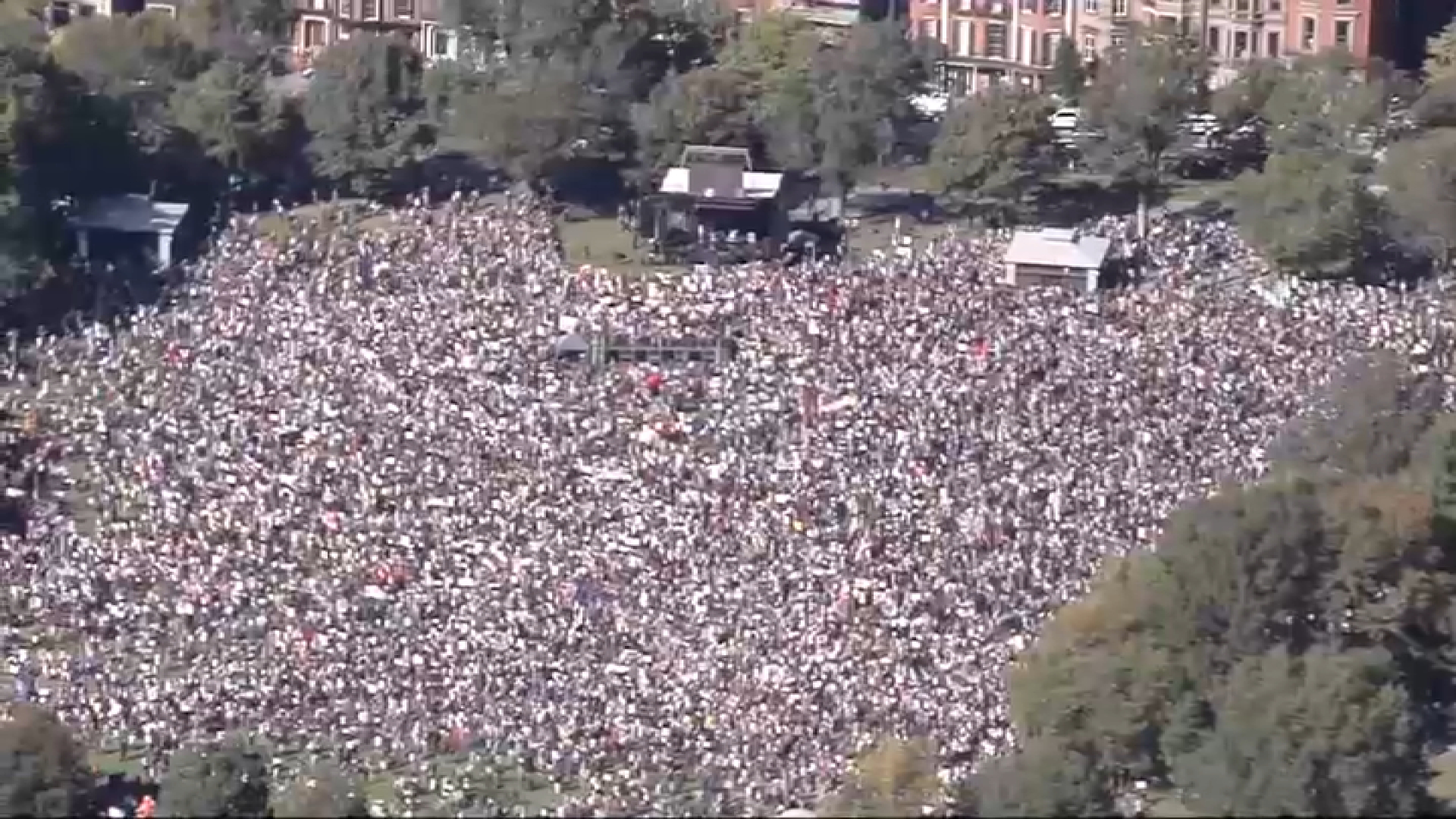 An aerial view of the crowd at Boston's "No Kings" rally on the Common on Saturday, Oct. 18, 2025.