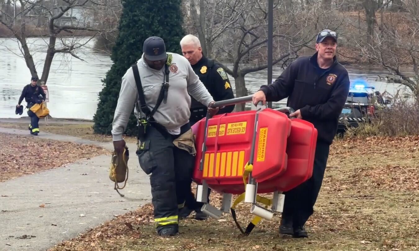 First responders at the scene of a water rescue in Malden, Massachusetts, on Wednesday, Dec. 10, 2205.