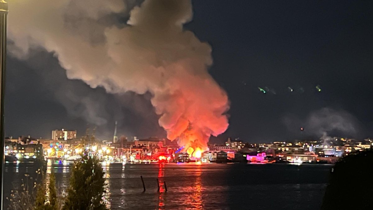 Large fire burning at Custom House Wharf in Portland