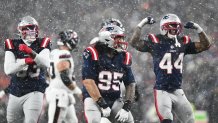Jan 18, 2026; Foxborough, MA, USA; New England Patriots defensive lineman Khyiris Tonga (95) reacts after a sack in the fourth quarter against the Houston Texans in an AFC Divisional Round game at Gillette Stadium. Mandatory Credit: Brian Fluharty-Imagn Images