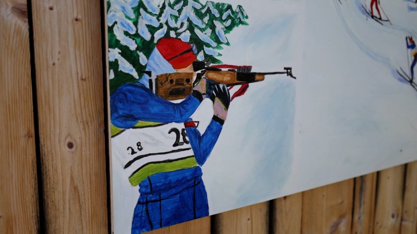 A drawing depicting biathlon on the wall of the Craftsbury Outdoor Center in Vermont.