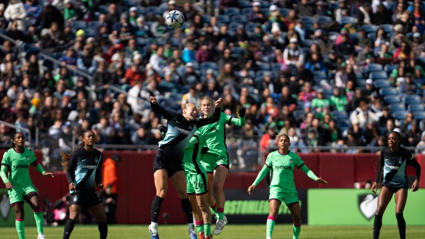 Mar 14, 2026; Foxborough, Massachusetts, USA; Boston Legacy FC midfielder Alba Caño (26) and midfielder Annie Karich (6) battle with NY/NJ Gotham FC midfielder Jaelin Howell (7) for the ball during the second half of the game at Gillette Stadium. Mandatory Credit: Natalie Reid-Imagn Images