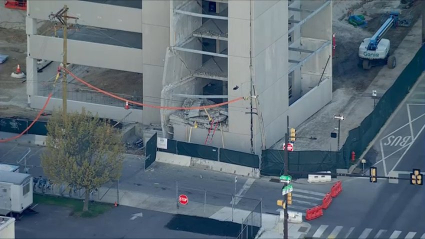 A collapsed stairwell at a parking garage located near the intersection of 30th Street and Grays Ferry Avenue on Thursday morning.