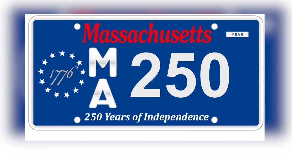 Massachusetts Registry of Motor Vehicles: 250th anniversary plate