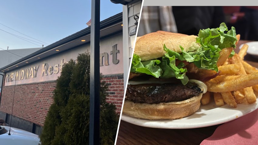A split screen shows The Midway Restaurant in Dedham, Massachusetts on the left and a burger and fries on the left.