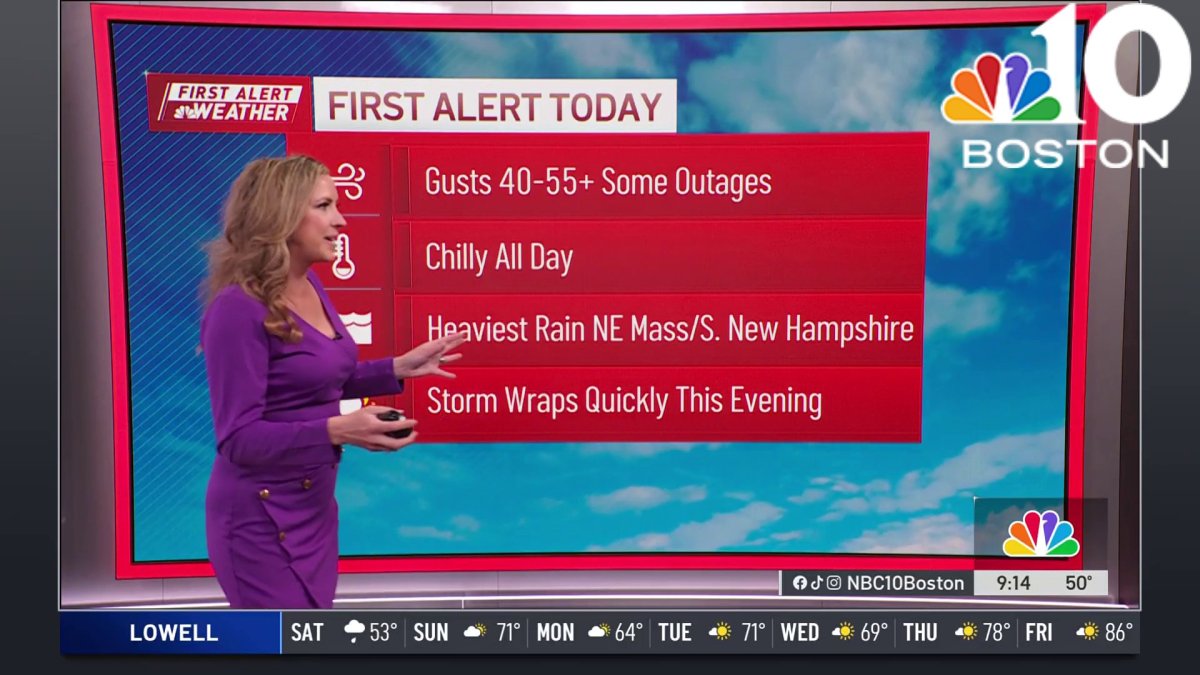 First Alert forecast: Strong wind gusts, steady rain, chilly – NBC Boston