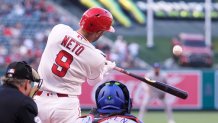 Los Angeles Angels' Zach Neto, center, hits a solo home run as Texas Rangers catcher Danny Jansen, right, and home plate umpire Sean Barber watch during the first inning of a baseball game Friday, May 22, 2026, in Anaheim, Calif. (AP Photo/Mark J. Terrill)