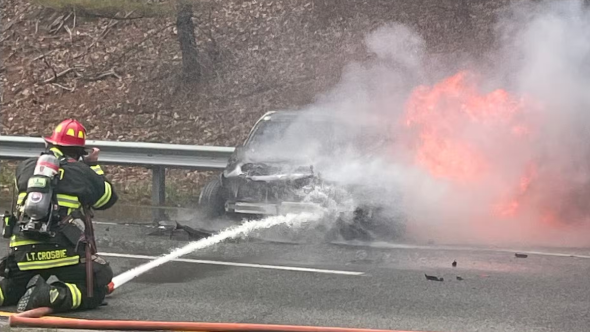 Car bursts into flames after crash on Route 128 in Manchester-by-the-Sea
