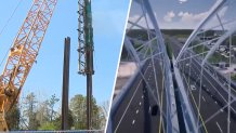 At left, a steel beam being driven into the earth as part of testing for the replacement of the Sagamore Bridge, a MassDOT rendering of which is seen at right.