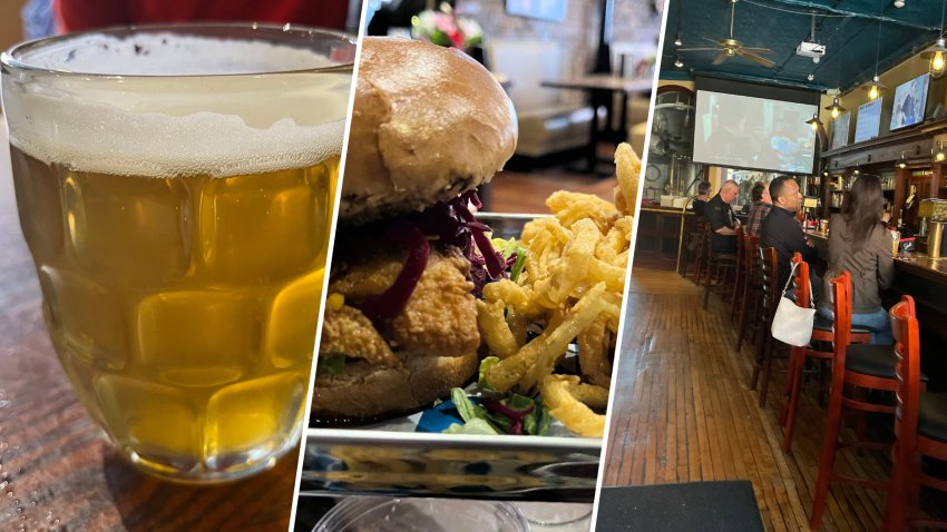 Beer, a burger and the bar at The Tap in Haverhill, Massachusetts.