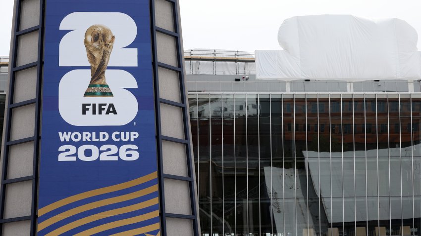 A general view of the preparations around Gillette Stadium as the signage is transitioned to become Boston Stadium ahead of the FIFA World Cup 2026 May 27, 2026 in Foxborough, Massachusetts.