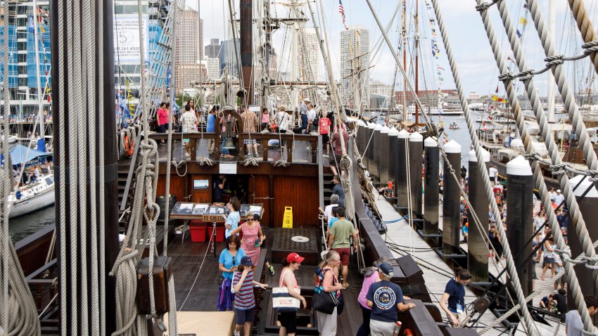 BOSTON, MA – JUNE 18: Visitors walk the deck of the tall ship El Galeon of Spain as they take public tours of tall ships as part of the Sail Boston event on Fan Pier in Boston on Jun. 18, 2017. (Photo by Keith Bedford/The Boston Globe via Getty Images)