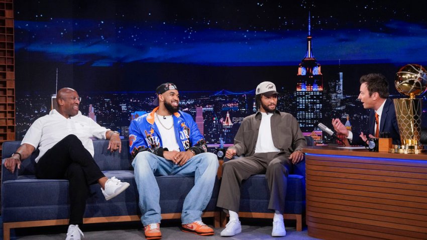 THE TONIGHT SHOW STARRING JIMMY FALLON &mdash; Episode 2305 &mdash; Pictured: (l-r) Basketball coach Mike Brown, and basketball players Karl-Anthony Towns and Jalen Brunson during an interview with host Jimmy Fallon on Monday, June 15, 2026 &mdash; (Photo by: Rosalind OConnor/NBC)