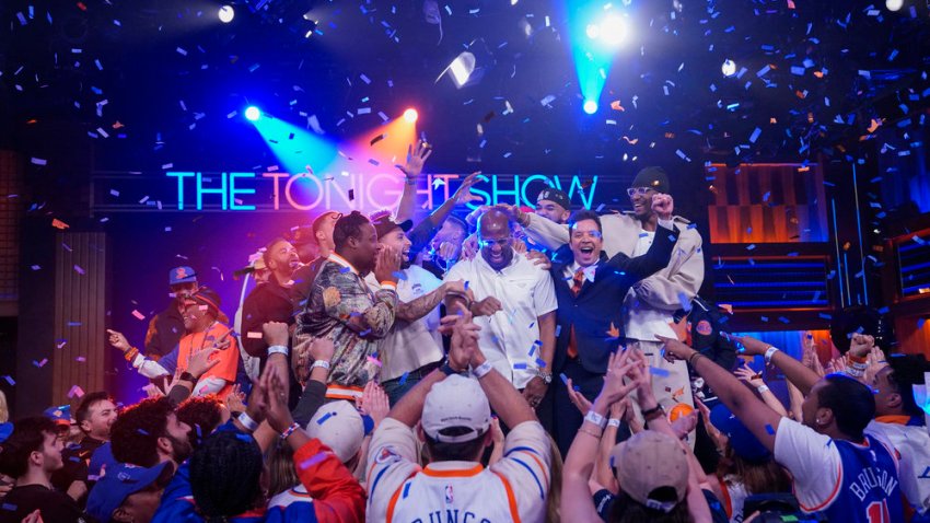 THE TONIGHT SHOW STARRING JIMMY FALLON &mdash; Episode 2305 &mdash; Pictured: (l-r) Spike Lee, musical guest Wu-Tang Clan, the New York Knicks Championship Team, and host Jimmy Fallon on Monday, June 15, 2026 &mdash; (Photo by: Rosalind OConnor/NBC)