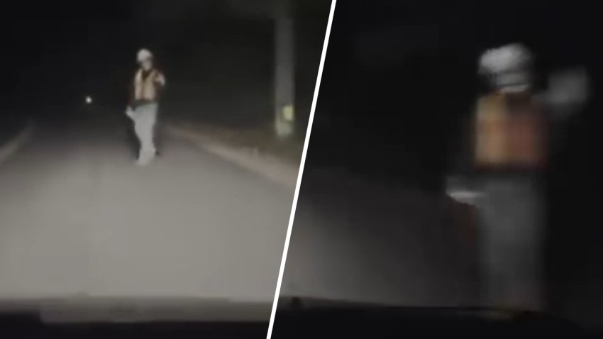 Stills from a video shared by police in Hopkinton, Massachusetts, of a person walking into a road late at night.