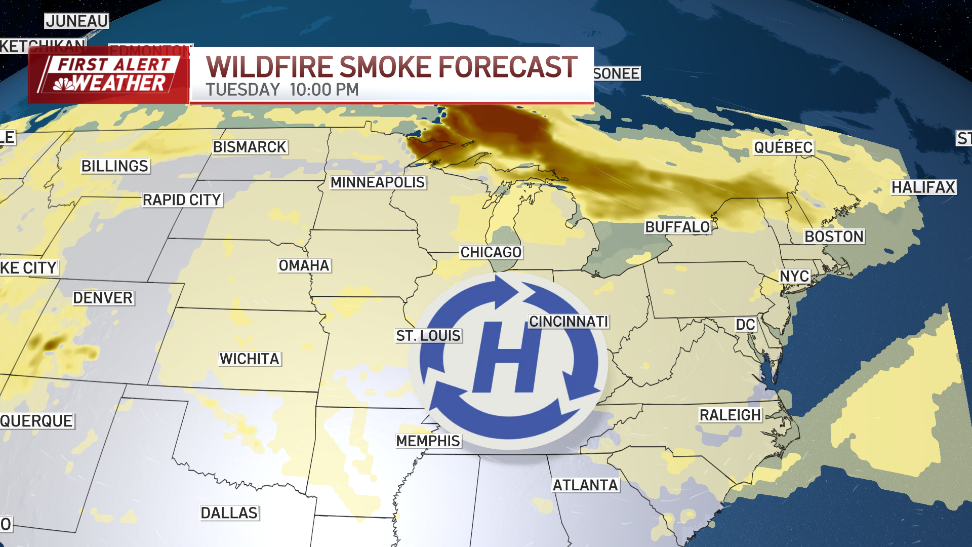 A map showing wildfire smoke from Canada flowing into northern New England on Tuesday, July 14, 2026.