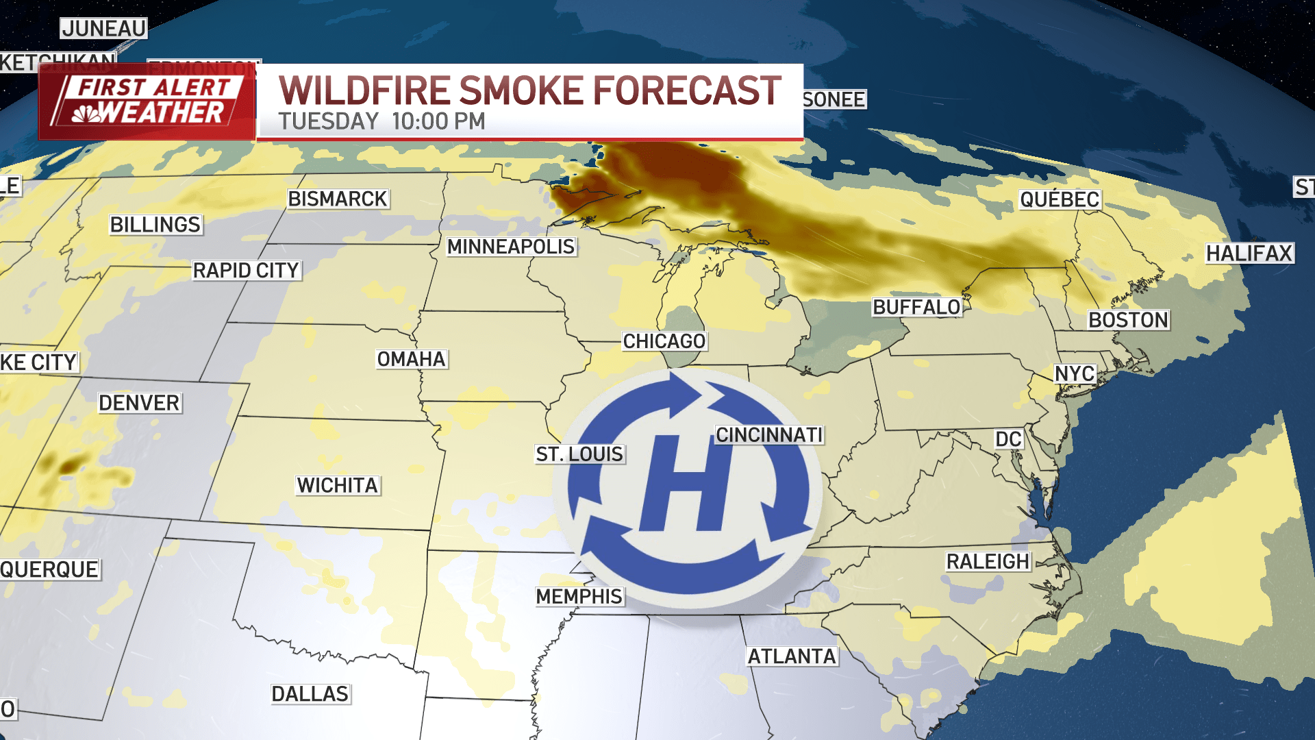 A map showing wildfire smoke from Canada flowing into northern New England on Tuesday, July 14, 2026.
