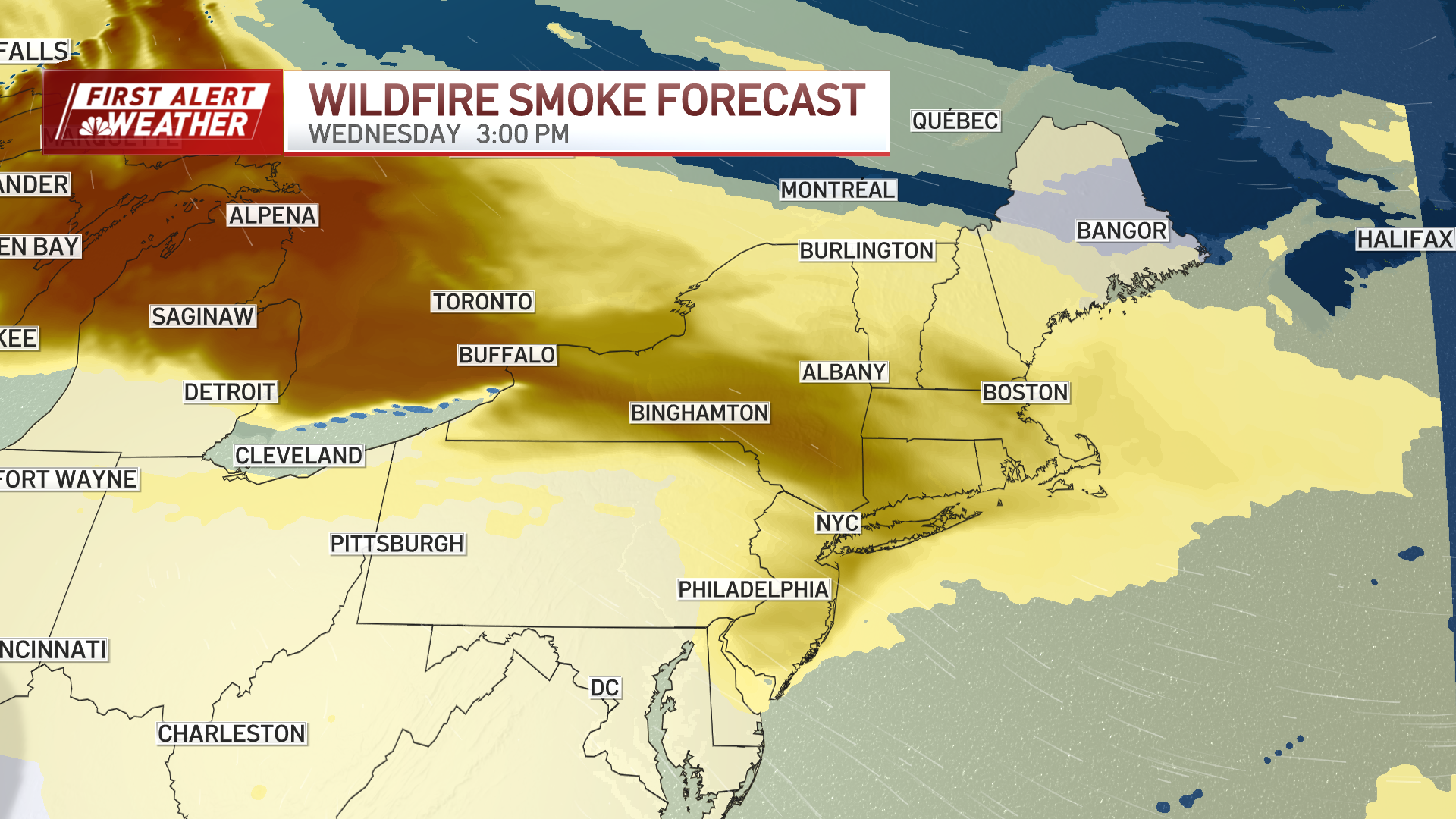 A map showing wildfire smoke from Canada flowing into northern New England on Wednesday, July 15, 2026.