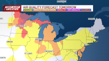A map showing air quality levels in the Northeast and upper Midwest on Tuesday and Wednesday, July 14 and 15, 2026.