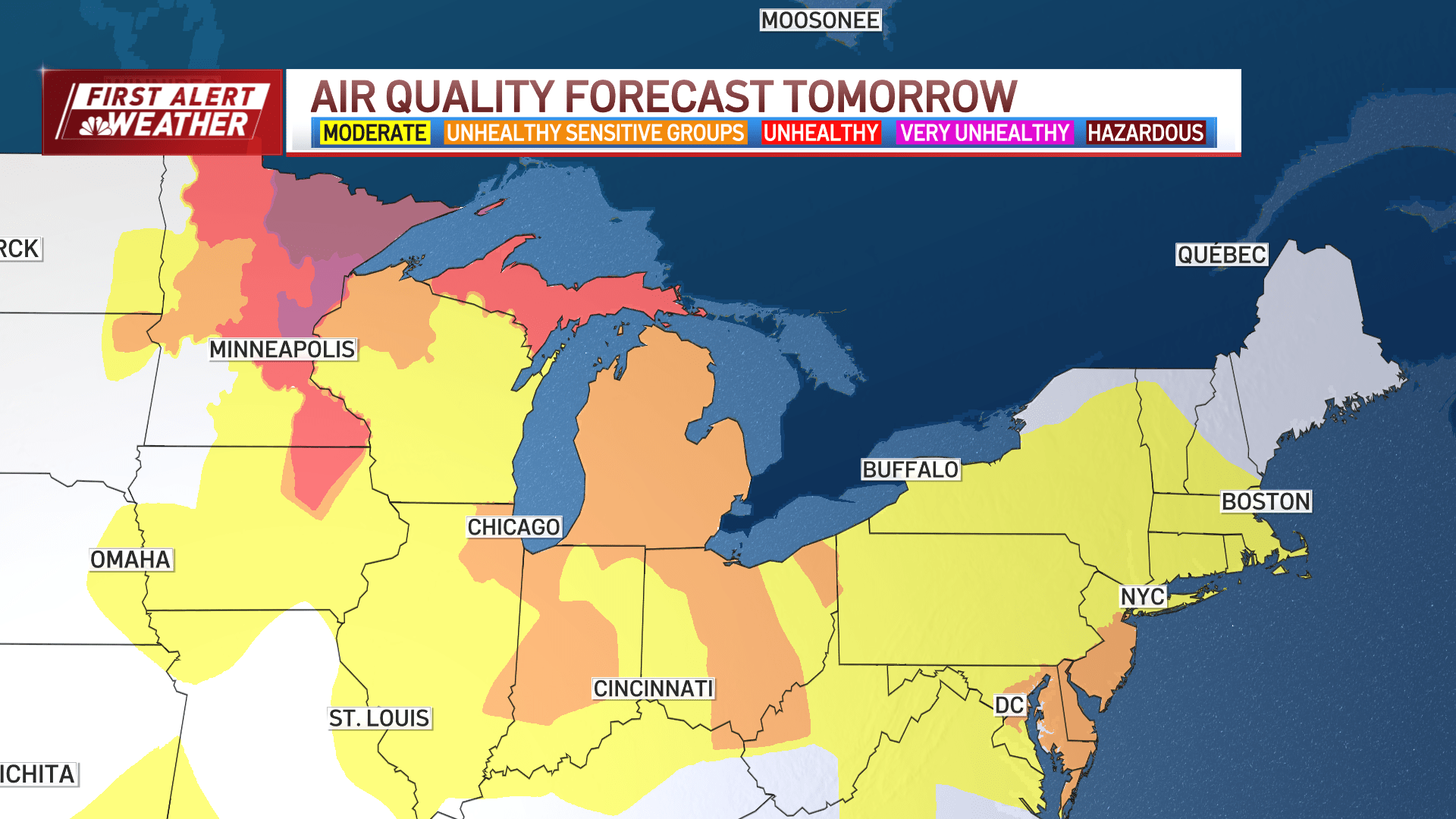 A map showing air quality levels in the Northeast and upper Midwest on Tuesday and Wednesday, July 14 and 15, 2026.