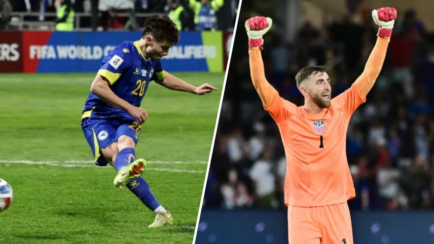Esmir Bajraktarević, left, represented Bosnia and Herzegovina in the World Cup until the team was eliminated by New England Revolution teammate Matt Turner and Team USA.