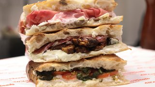 Boston, MA – October 29: Three sandwiches at All’Antico Vinaio: La Schiacciata del Boss, La Favolosa, La Genovese, top to bottom. (Photo by Suzanne Kreiter/The Boston Globe via Getty Images)