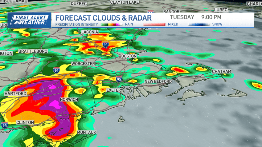 A radar image showing strong storms moving through New England.