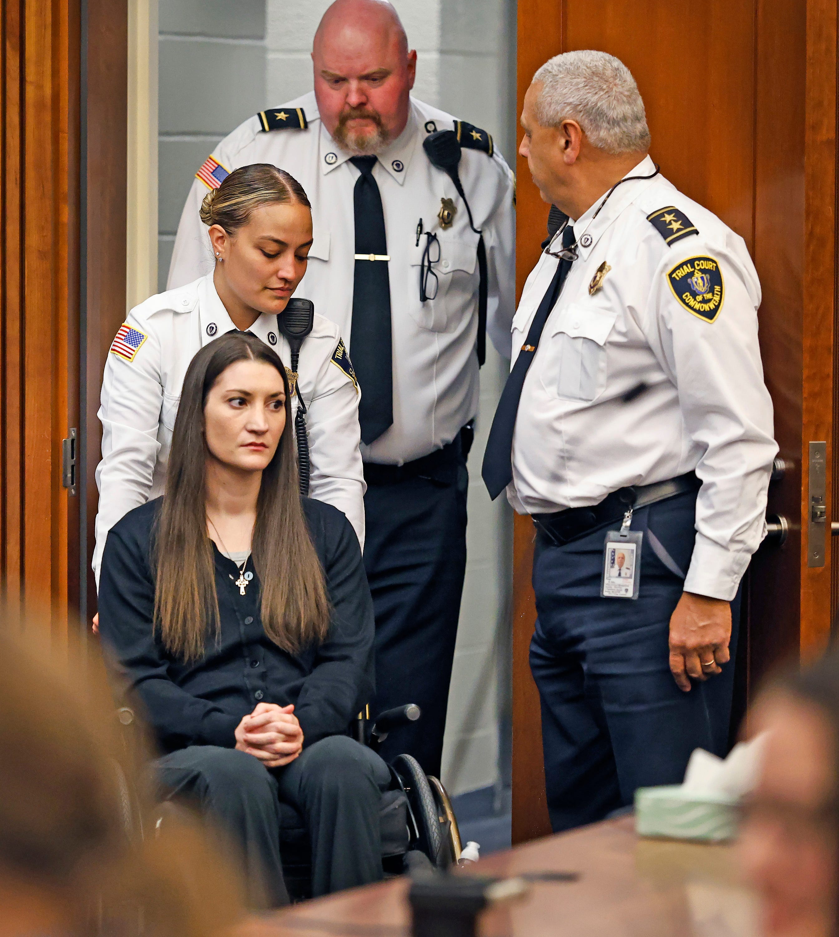 This Feb. 20, 2026, file photo shows Lindsay Clancy being wheeled into Plymouth Superior Court for a hearing ahead of her murder trial.