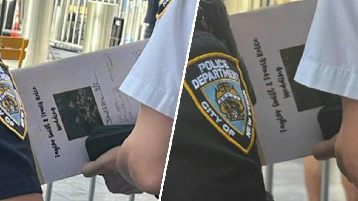 Photo shows officer with ‘Taylor Swift & Travis Kelce wedding' folder outside MSG