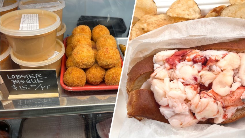 Lobster bisque, lobster arancini and a lobster roll at Little Harbor Lobster Company in Marblehead, Massachusetts.