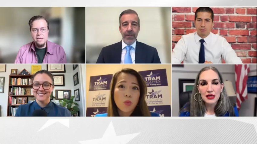 The six candidates competing for the Democratic nomination in Massachusetts' 6th Congressional District. Clockwise from top left: Beth Andres-Beck, John Beccia, Dan Koh, Jamie Belsito, Tram Nguyen and Mariah Lancaster.
