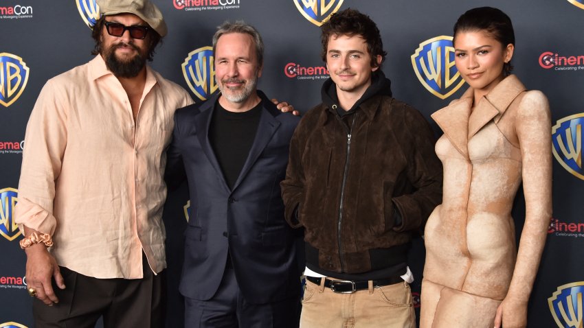 Jason Momoa, director Denis Villeneuve, Timothee Chalamet and Zendaya promote the upcoming film “Dune: Part Three” during the Warner Bros photo call during CinemaCon at The Colosseum at Caesars Palace in Las Vegas, Nevada, on April 14, 2026