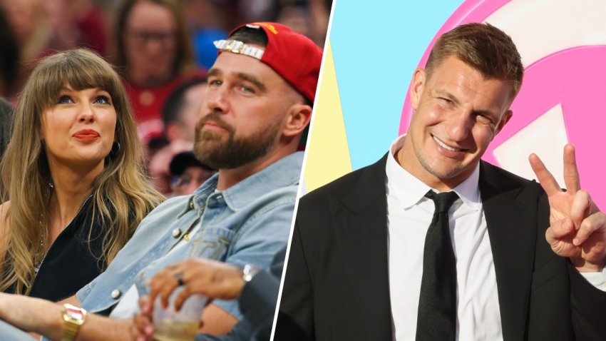 Taylor Swift, Travis Kelce and Rob Gronkowski.