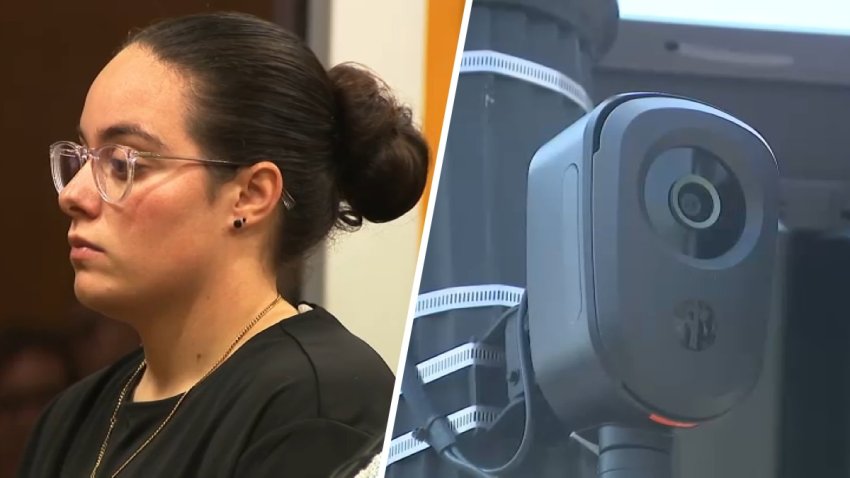 At left, New Bedford Police Officer Emily Pacheco stands in a Massachusetts court on Thursday, Aug. 13, 2026. At right, a Flock traffic camera is seen.