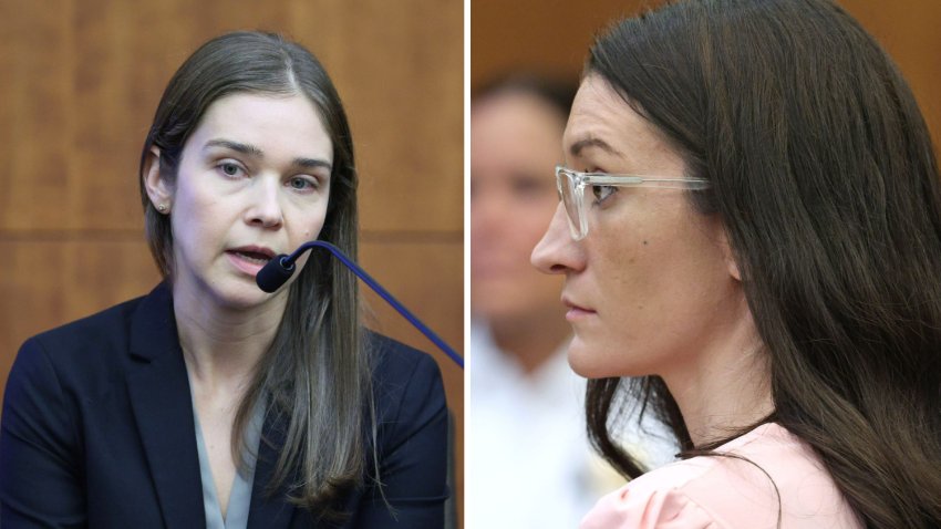 At left, psychiatrist Dr. Jennifer Tufts on the witness stand in the trial of Lindsay Clancy (seen at right) on Monday, Aug. 10, 2026, in Plymouth Superior Court.