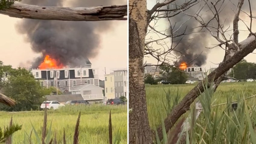 A fire burning in Salisbury, Massachusetts, on Friday, Aug. 14, 2026.