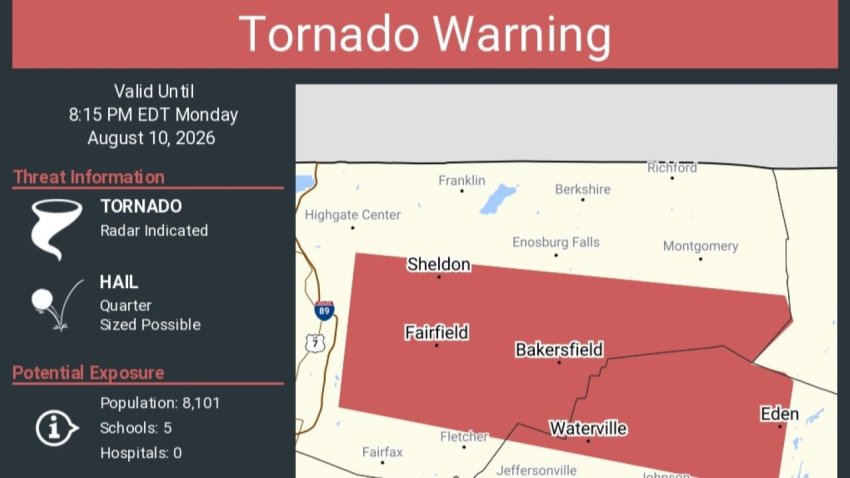 A National Weather Service tornado warning infographic for parts of northern Vermont on Monday, Aug. 10, 2026.