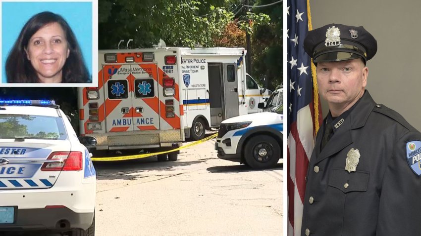 The scene of a major law enforcement investigation in Worcester, Massachusetts, on Tuesday, Aug. 18, 2026. Karen Solomon, seen inset at top left, was being sought in connection with the death of a Worcester police officer, identified by a city police union as Kurt Solomon, seen at right.