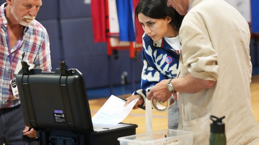 Kenza Nadifi, a first-time voter, at Portsmouth’s Ward 5 polls at Little Harbour School in the New Hampshire primary Sept. 8, 2026.